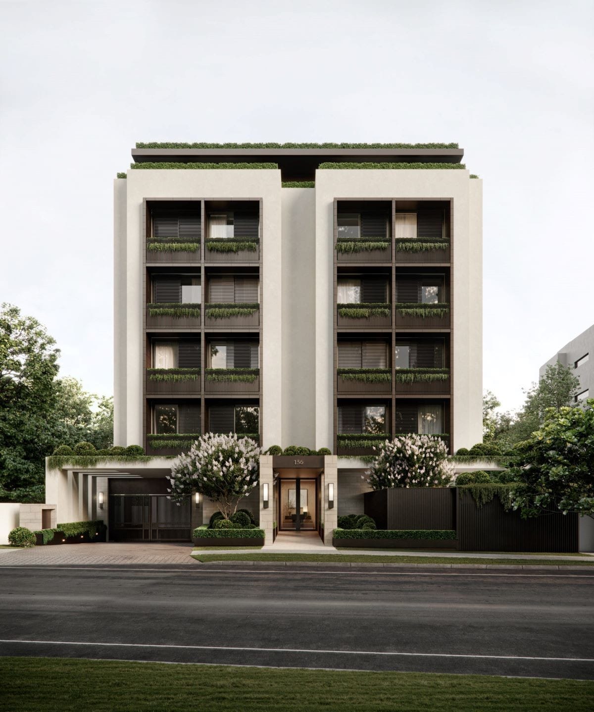 156 Oxlade is a bespoke residential building on the Brisbane riverfront at New Farm featuring 12 large apartments.